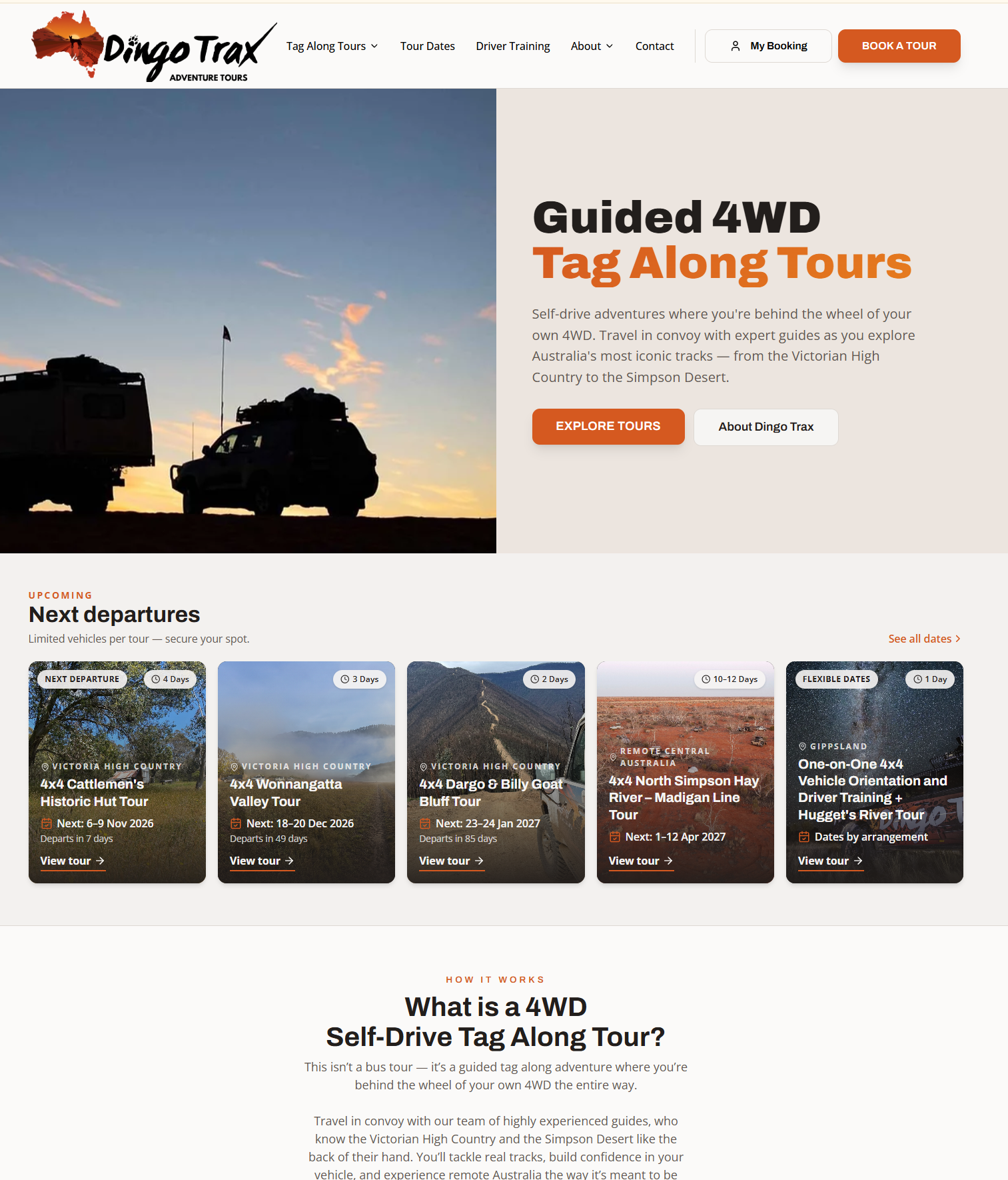 Dingo Tracks rebuilt homepage showing guided 4WD tag along tours, upcoming departures and how the tours work